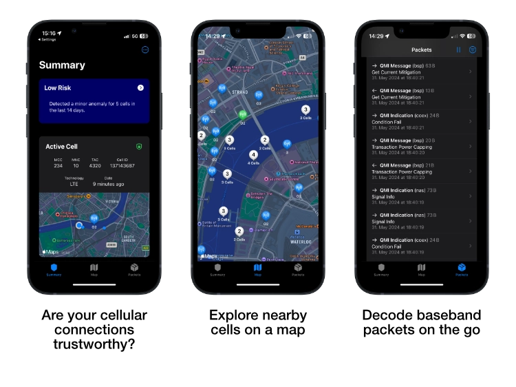 Three screenshots of the CellGuard app showing its summary, map, and packet views.